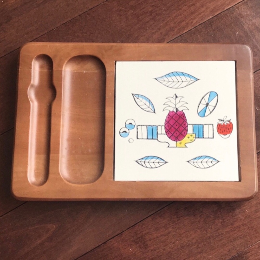 Vintage Cheese Tray Serving Board Wooden Charcuterie Ceramic Tile & Knife